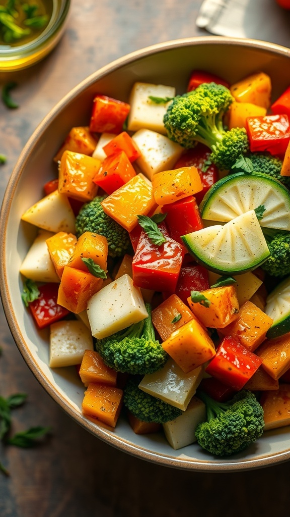 A colorful air-fried vegetable medley with bell peppers, zucchini, and broccoli, served in a bowl with herbs.